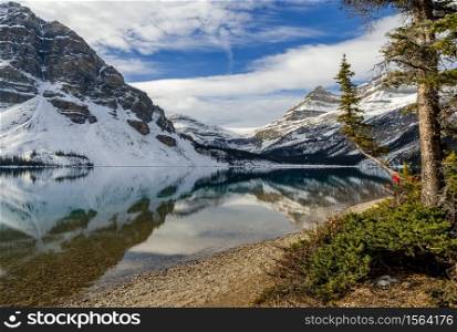 Bow Lake reflection of Canadian Rockies Mountain in Banff National Park, Alberta, canada