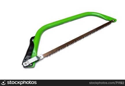 bow saw, hand tools for sawing of wood isolated on white background
