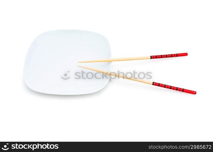 Bowl and chopsticks on the bamboo mat