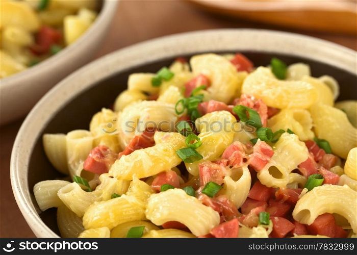Bowl full of fresh homemade elbow macaroni pasta with sausage pieces, grated cheese and green onion (Selective Focus, Focus one third into the bowl). Elbow Pasta with Sausage, Cheese and Green Onion