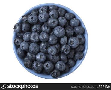 Bowl full of fresh ripe blueberries on white background. Top view, close up.