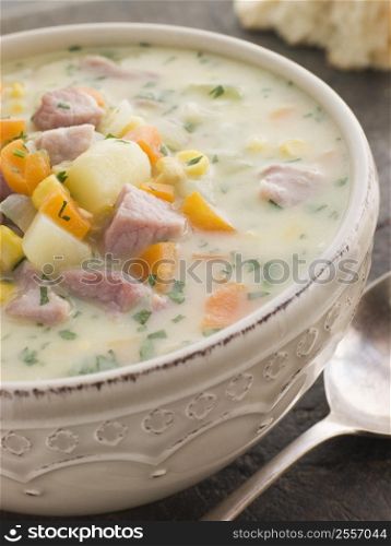 Bowl of Bacon and Corn Chowder with Soda Bread