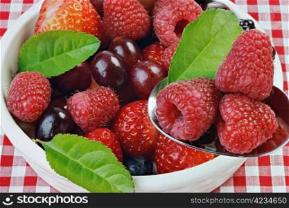 Bowl of berries on a Gingham tablecloth with raspberries in a spoon. Extended dof