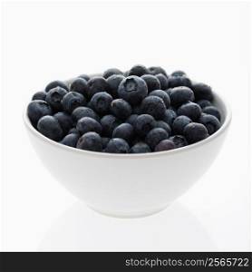 Bowl of blueberries against white background.