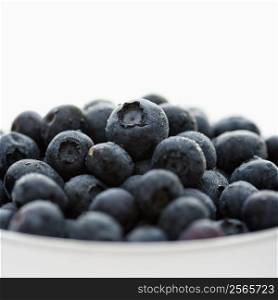 Bowl of blueberries against white background.