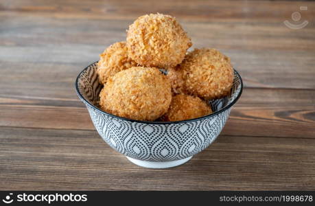 Bowl of breaded and deep fried Croquettes