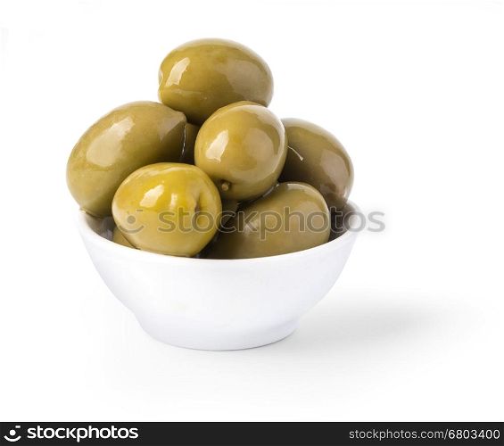Bowl of brine cured green olives isolated on white with clipping path