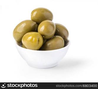 Bowl of brine cured green olives isolated on white with clipping path