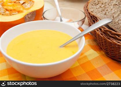 Bowl of Butternut Squash Soup with Bread
