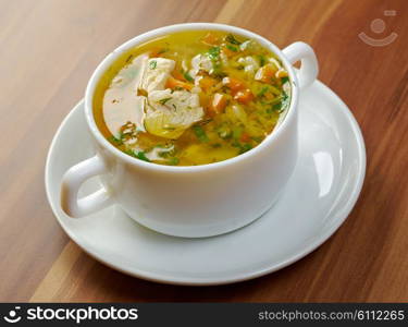 bowl of chicken and wild rice soup with vegetables