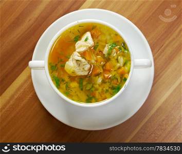 bowl of chicken and wild rice soup with vegetables