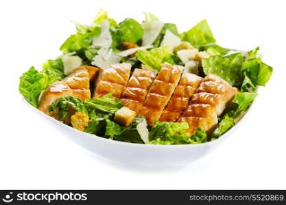 bowl of chicken salad on white background