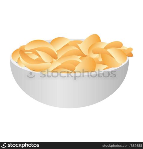 Bowl of chips icon. Realistic illustration of bowl of chips vector icon for web design isolated on white background. Bowl of chips icon, realistic style