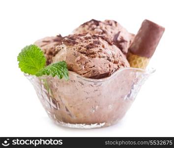bowl of chocolate ice cream on white background