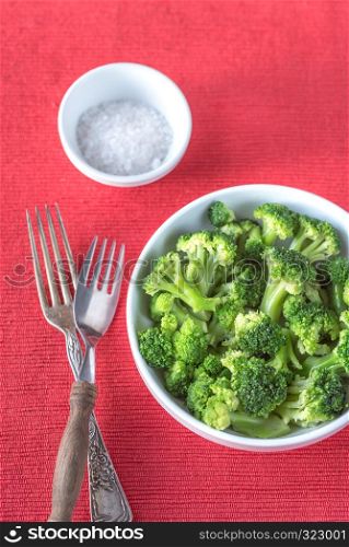 Bowl of cooked broccoli with seasonings