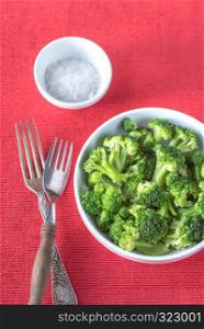 Bowl of cooked broccoli with seasonings