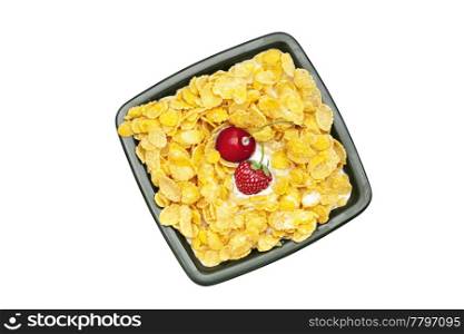 bowl of cornflakes milk cherry and strawberry isolated on white