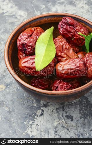 Bowl of dried unabi fruit or jujube.Medicinal and edible plant. Dried unabi fruit or jujube