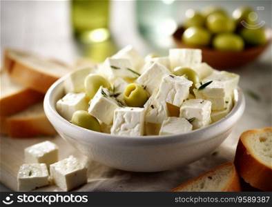 Bowl of feta cheese and green olives on table.AI Generative