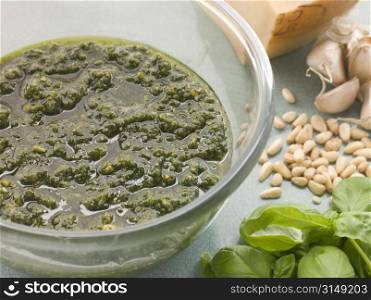Bowl of Fresh Pesto with Ingredients