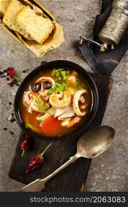 Bowl of fresh seafood soup, soup with aroma spice