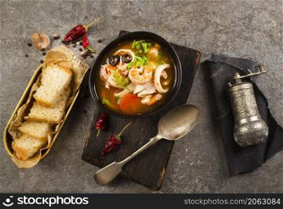 Bowl of fresh seafood soup, soup with aroma spice