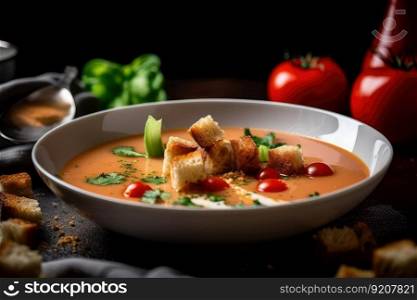 bowl of gazpacho, garnished with croutons and drizzle of olive oil, created with generative ai. bowl of gazpacho, garnished with croutons and drizzle of olive oil