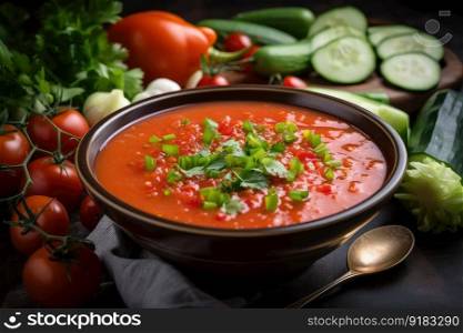 bowl of gazpacho with chopped vegetables and garnishes, created with generative ai. bowl of gazpacho with chopped vegetables and garnishes