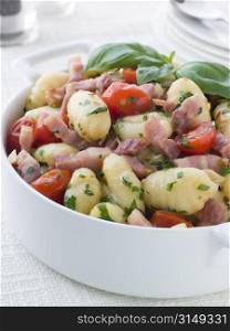 Bowl of Gnocchi with a Bacon Tomato and Basil Dressing