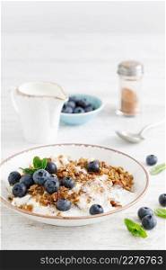 Bowl of granola with fresh blueberry, cottage cheese or curd, yogurt and nuts. Healthy food. Breakfast
