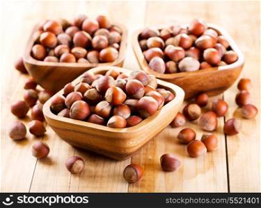 bowl of hazelnuts on wooden table