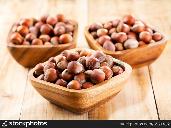 bowl of hazelnuts on wooden table