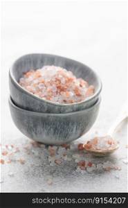 Bowl of himalayan pink salt .  Healthy food concept. Speciality salt. 