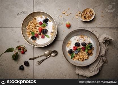 Bowl of homemade granola with yogurt and fresh berries on gray background from top view. Bowl of homemade granola