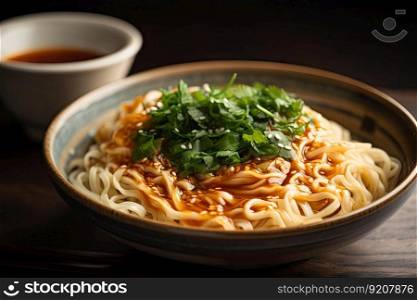 bowl of homemade noodles topped with freshly made sauce and herbs, created with generative ai. bowl of homemade noodles topped with freshly made sauce and herbs