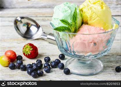 bowl of ice cream,spoon for ice cream and berries
