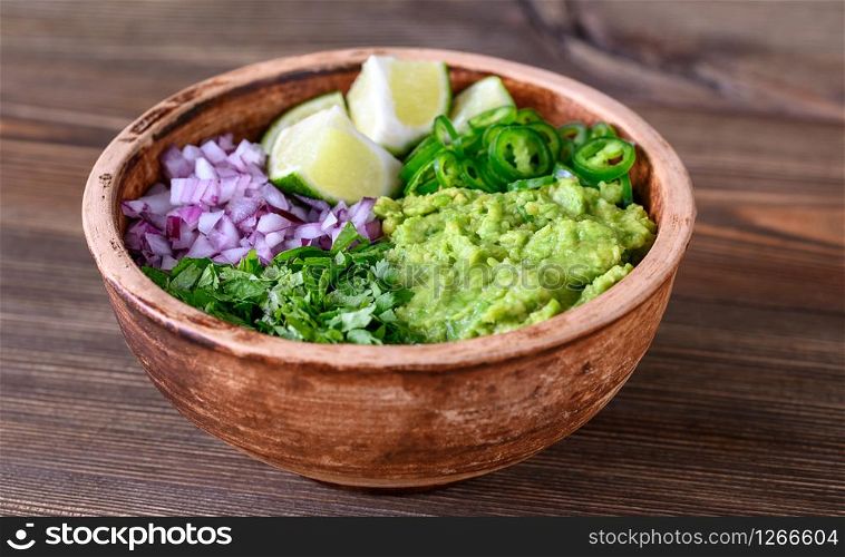 Bowl of ingredients for guacamole close-up