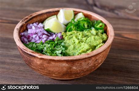 Bowl of ingredients for guacamole close-up