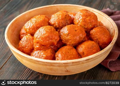 Bowl of keftedes - greek meatballs with tomato sauce