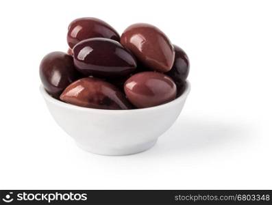 Bowl of marinated kalamata olives , isolated on white. with clipping path