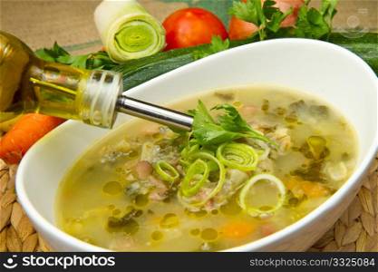 bowl of minestrone with fresh vegetables