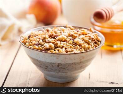 bowl of muesli on wooden table