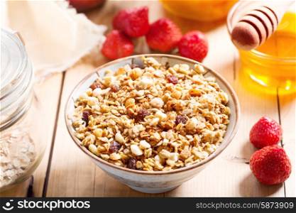 bowl of muesli on wooden table