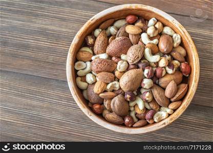 Bowl of nuts on the wooden background: top view
