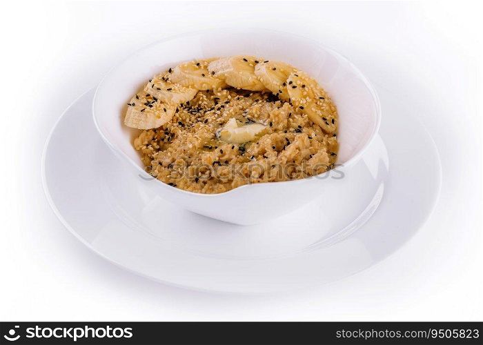 Bowl of oatmeal porridge with banana
