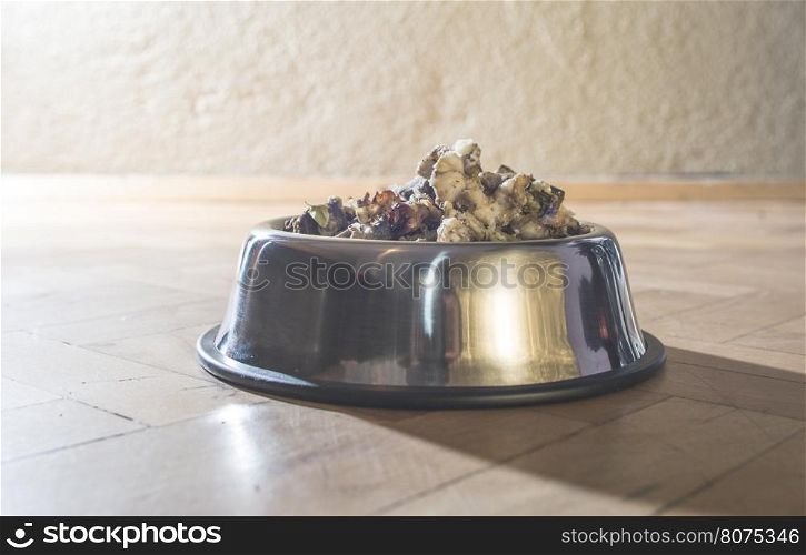Bowl of pet food on the floor