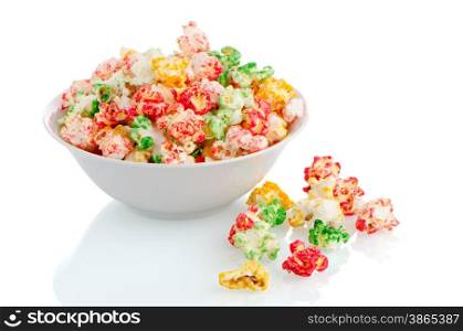 Bowl of popcorn on white reflective background.