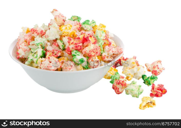 Bowl of popcorn on white reflective background.