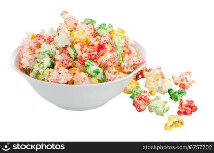 Bowl of popcorn on white reflective background.