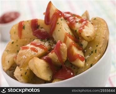 Bowl of Potato Wedges and Tomato Ketchup